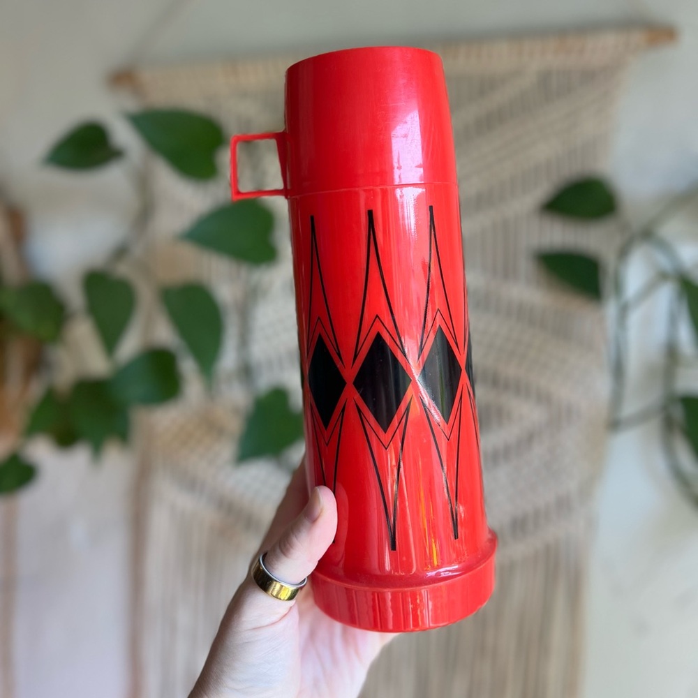 Vintage Red Thermos Vacuum Bottle | Mid Century Geometric Diamond Print